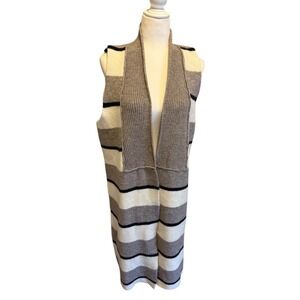 Anthropology Pencey Longline Gray Cream Black Striped Knit Open Front Vest M